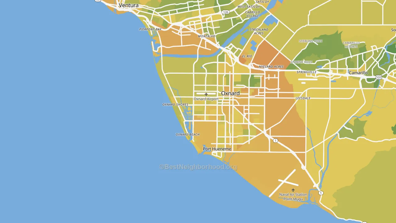 Map of the best neighborhoods in the 93035 area, with better matches in green and worse matches in red