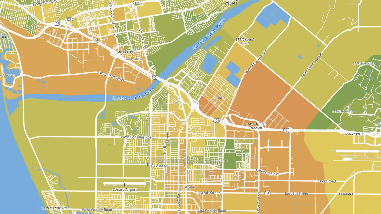 Map of the best neighborhoods in the 93036 area, with better matches in green and worse matches in red