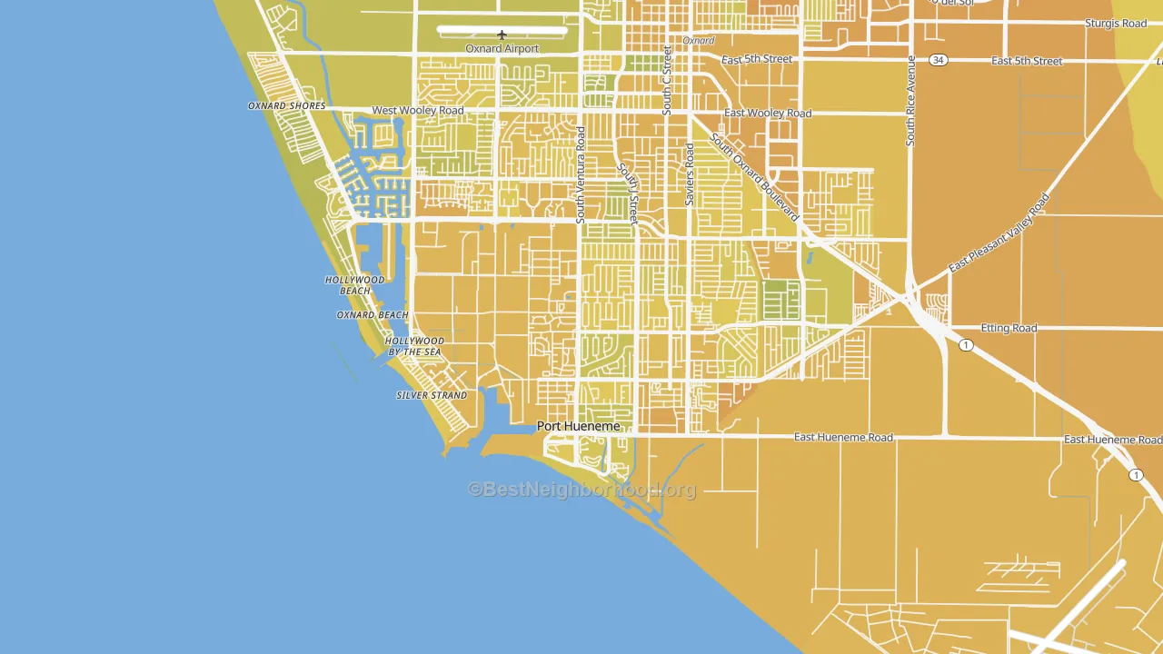 Map of the best neighborhoods in the 93041 area, with better matches in green and worse matches in red