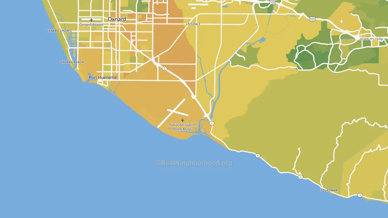 Map of the best neighborhoods in the 93042 area, with better matches in green and worse matches in red