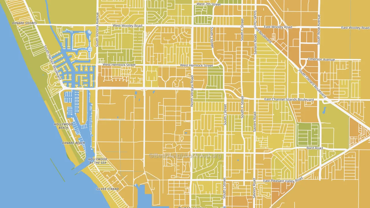 Map of the best neighborhoods in the 93043 area, with better matches in green and worse matches in red