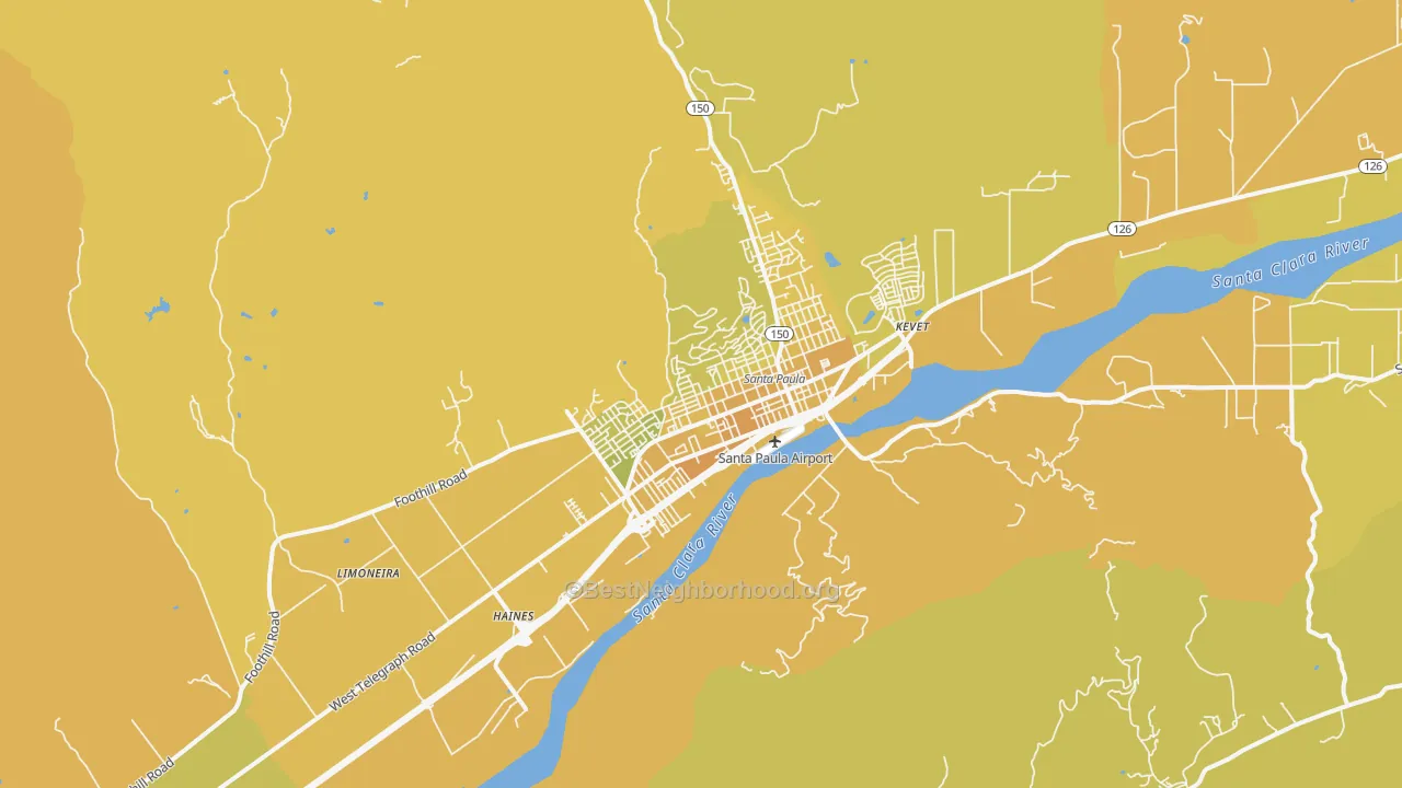 Map of the best neighborhoods in the 93060 area, with better matches in green and worse matches in red