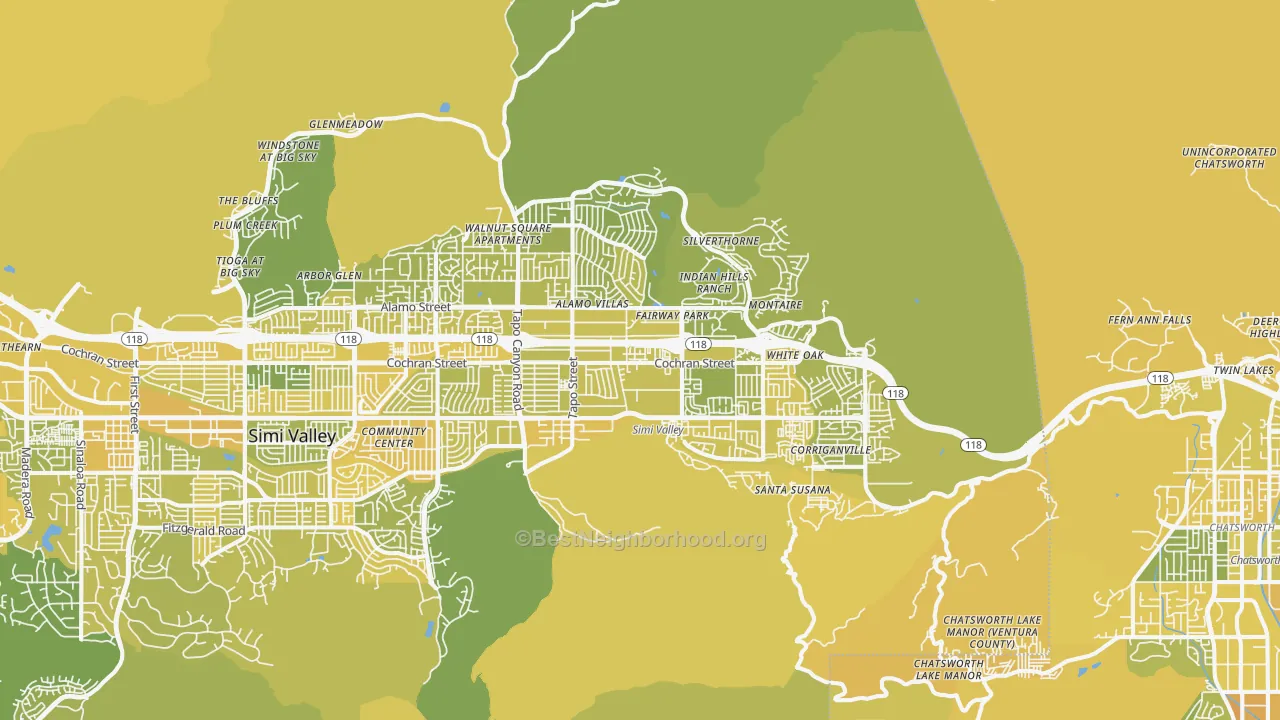 Map of the best neighborhoods in the 93063 area, with better matches in green and worse matches in red