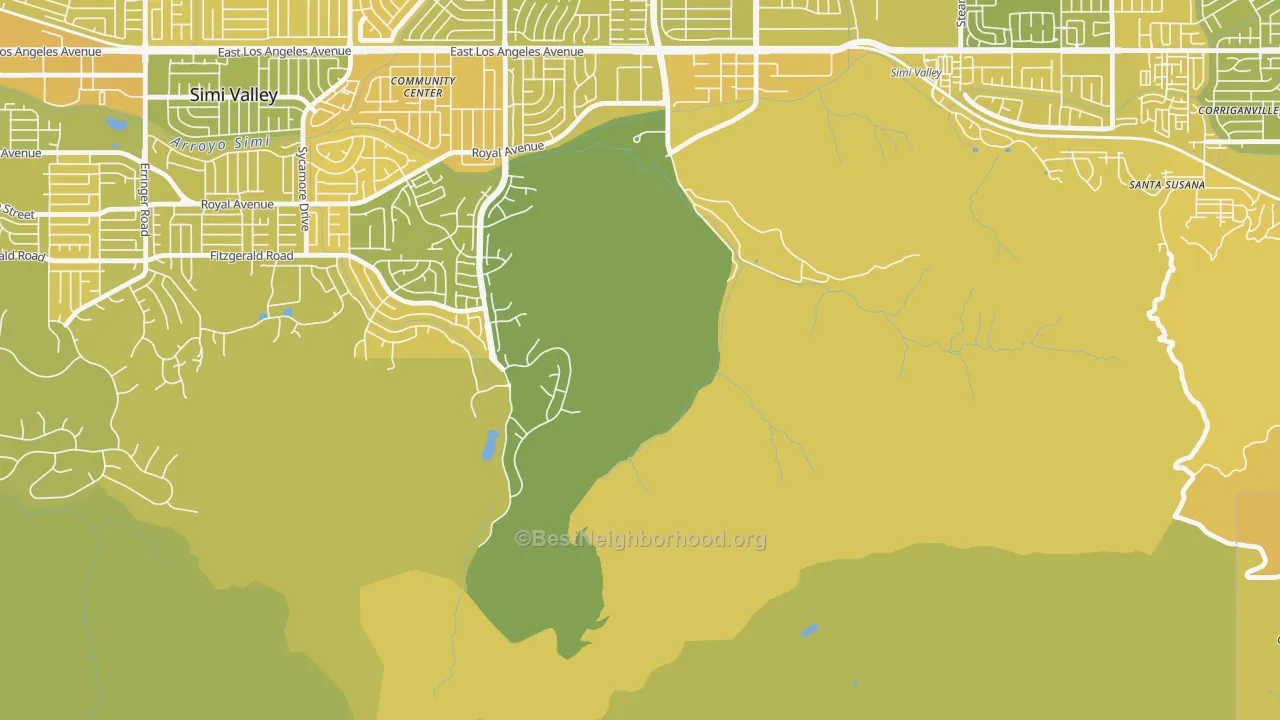 Map of the best neighborhoods in the 93064 area, with better matches in green and worse matches in red