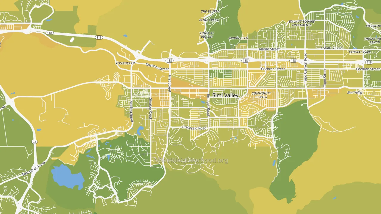Map of the best neighborhoods in the 93065 area, with better matches in green and worse matches in red