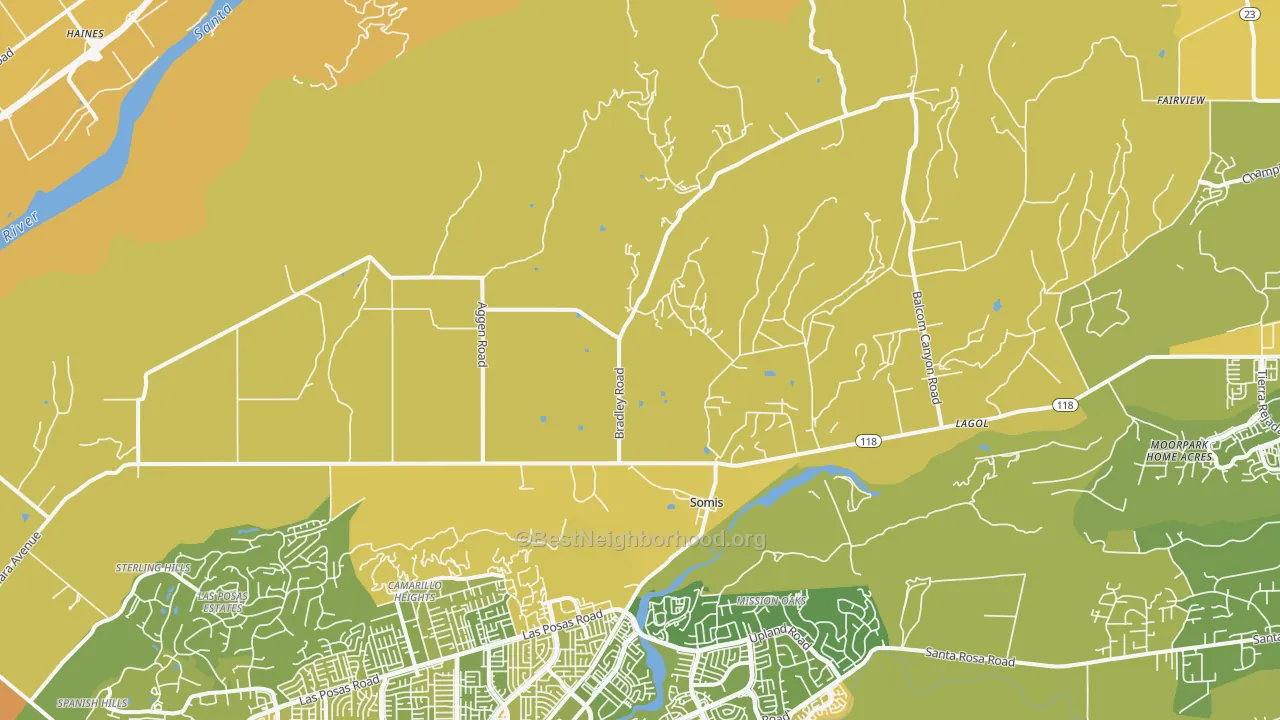 Map of the best neighborhoods in the 93066 area, with better matches in green and worse matches in red