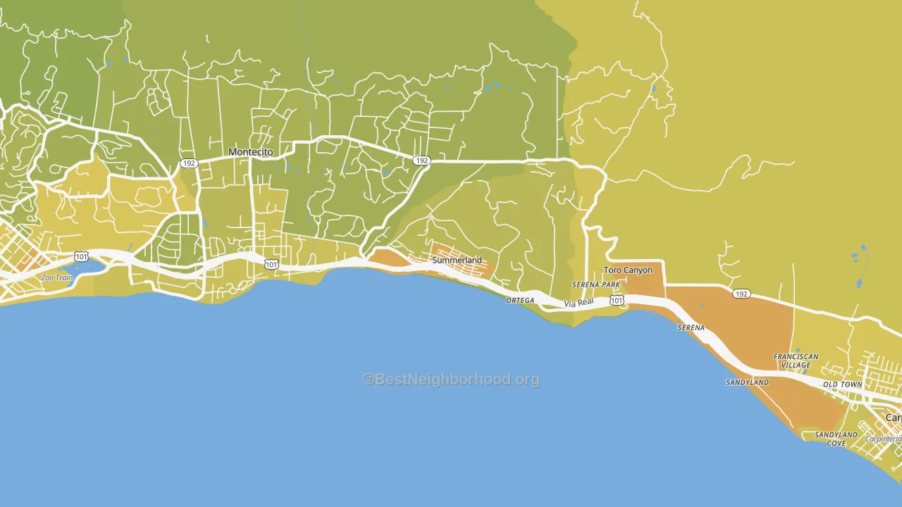 Map of the best neighborhoods in the 93067 area, with better matches in green and worse matches in red