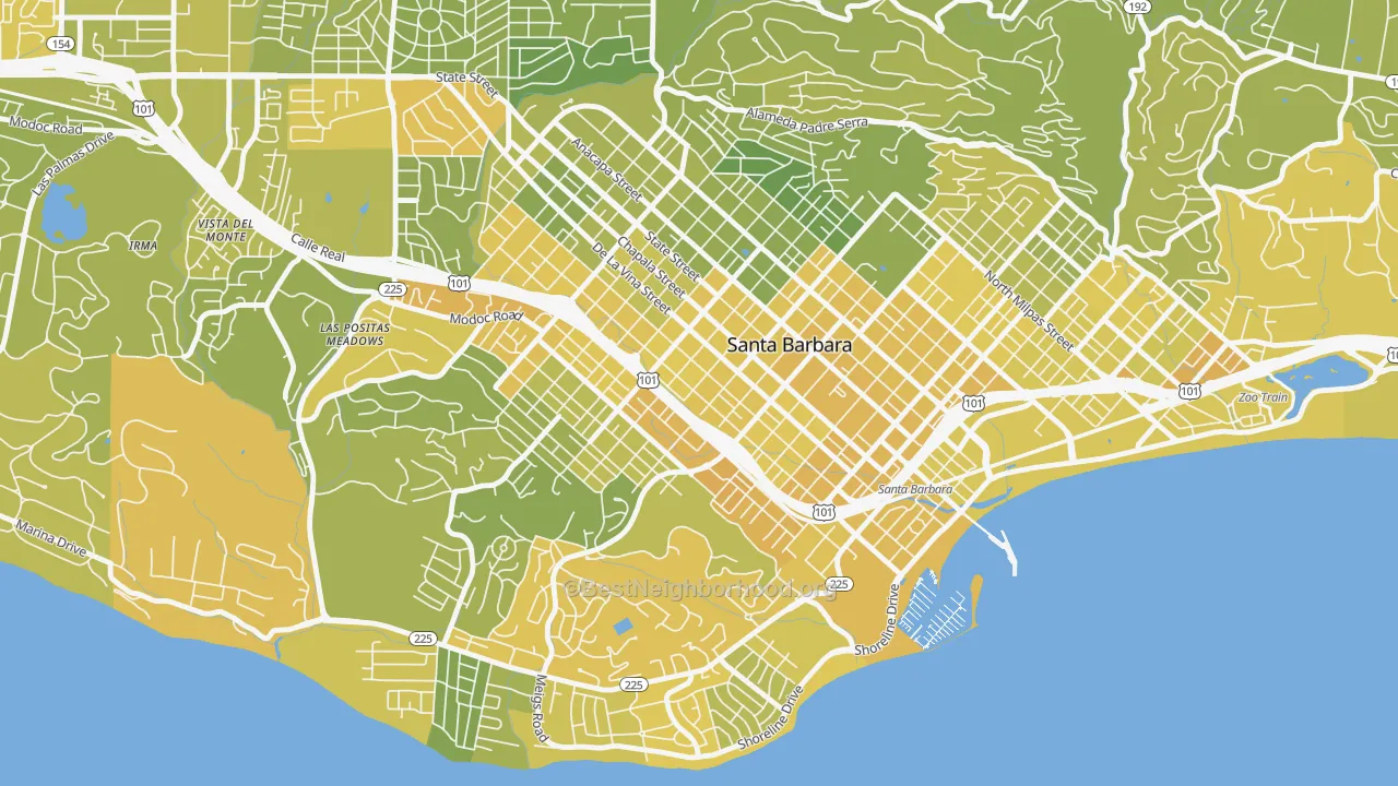 Map of the best neighborhoods in the 93101 area, with better matches in green and worse matches in red