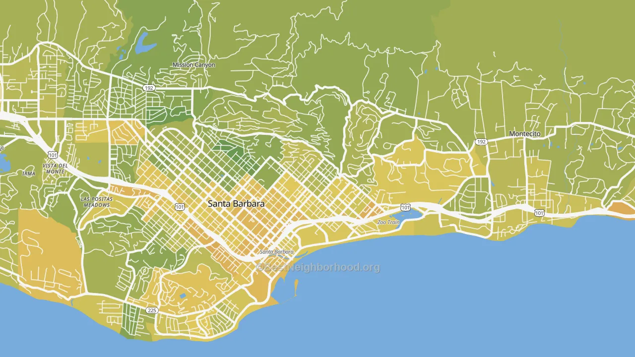 Map of the best neighborhoods in the 93103 area, with better matches in green and worse matches in red