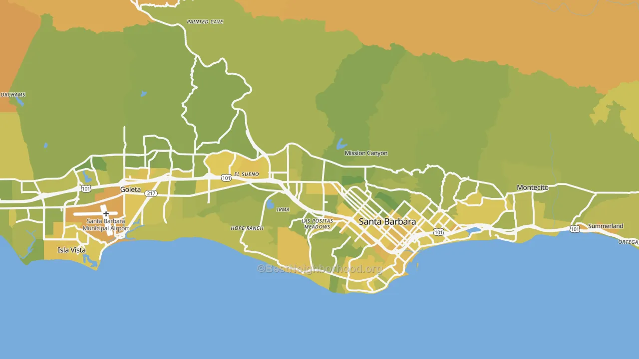 Map of the best neighborhoods in the 93105 area, with better matches in green and worse matches in red