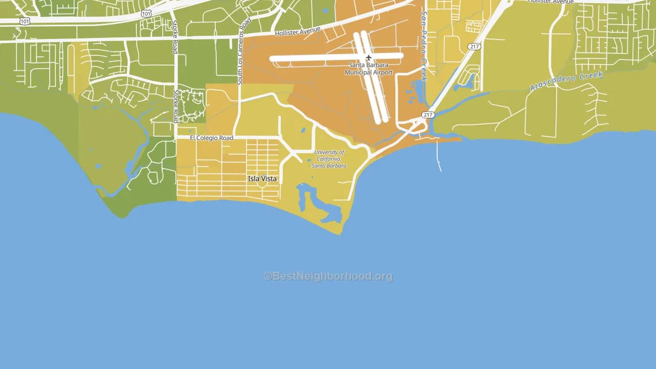 Map of the best neighborhoods in the 93106 area, with better matches in green and worse matches in red