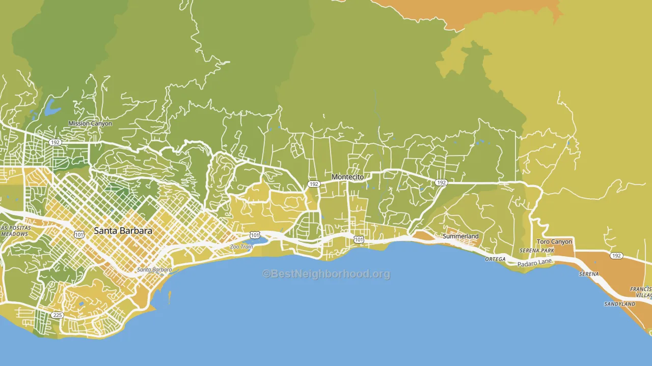 Map of the best neighborhoods in the 93108 area, with better matches in green and worse matches in red