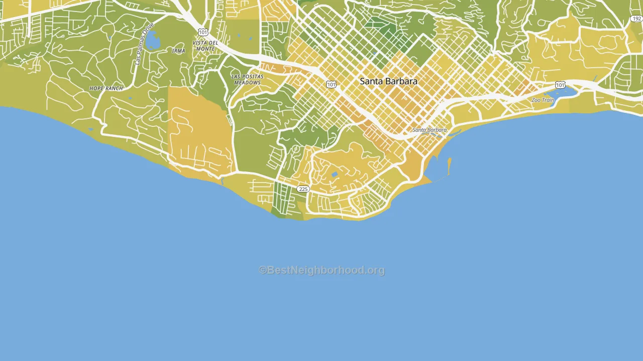 Map of the best neighborhoods in the 93109 area, with better matches in green and worse matches in red