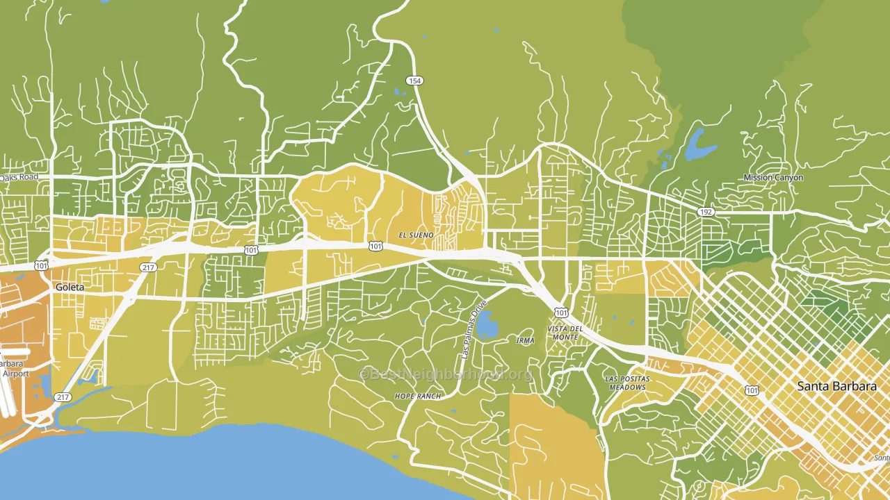 Map of the best neighborhoods in the 93110 area, with better matches in green and worse matches in red