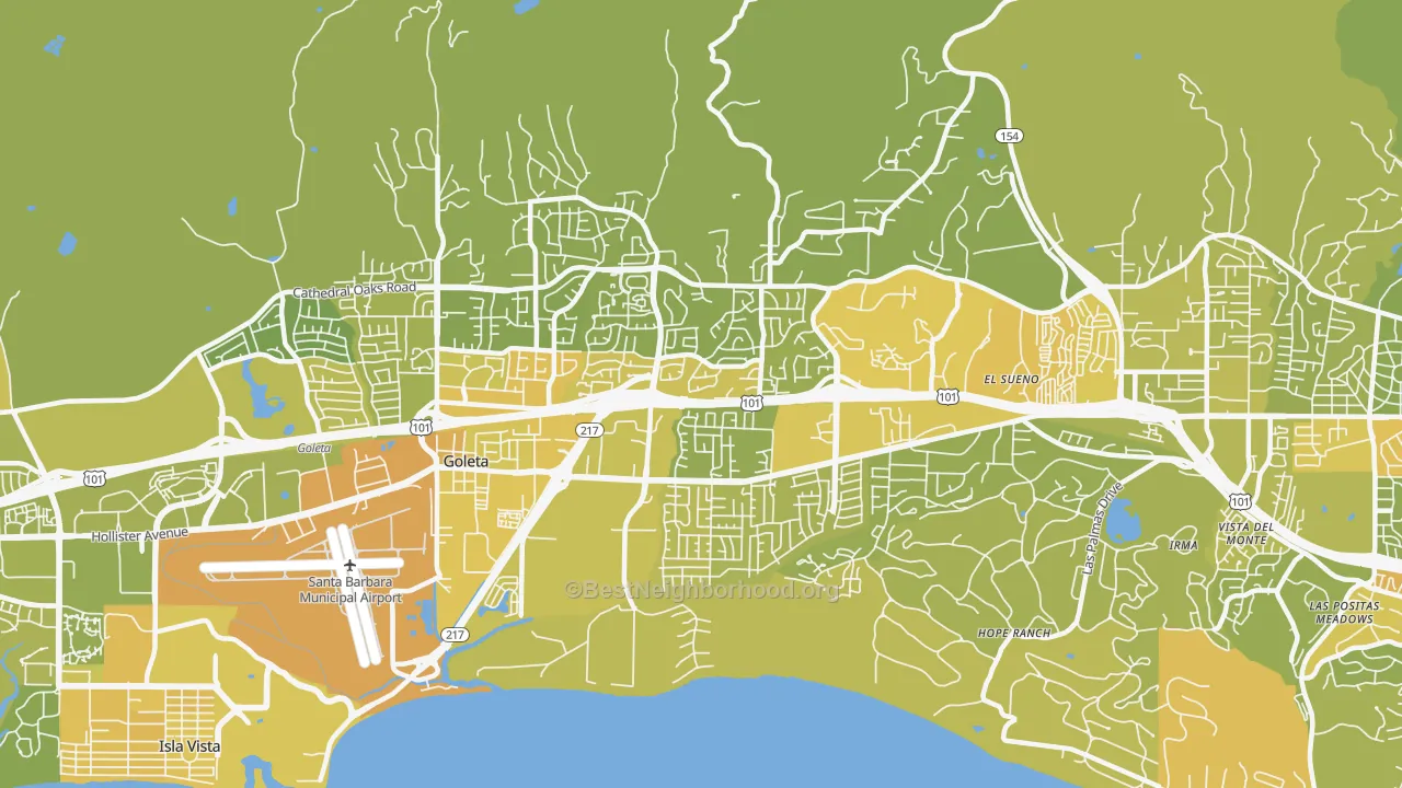 Map of the best neighborhoods in the 93111 area, with better matches in green and worse matches in red