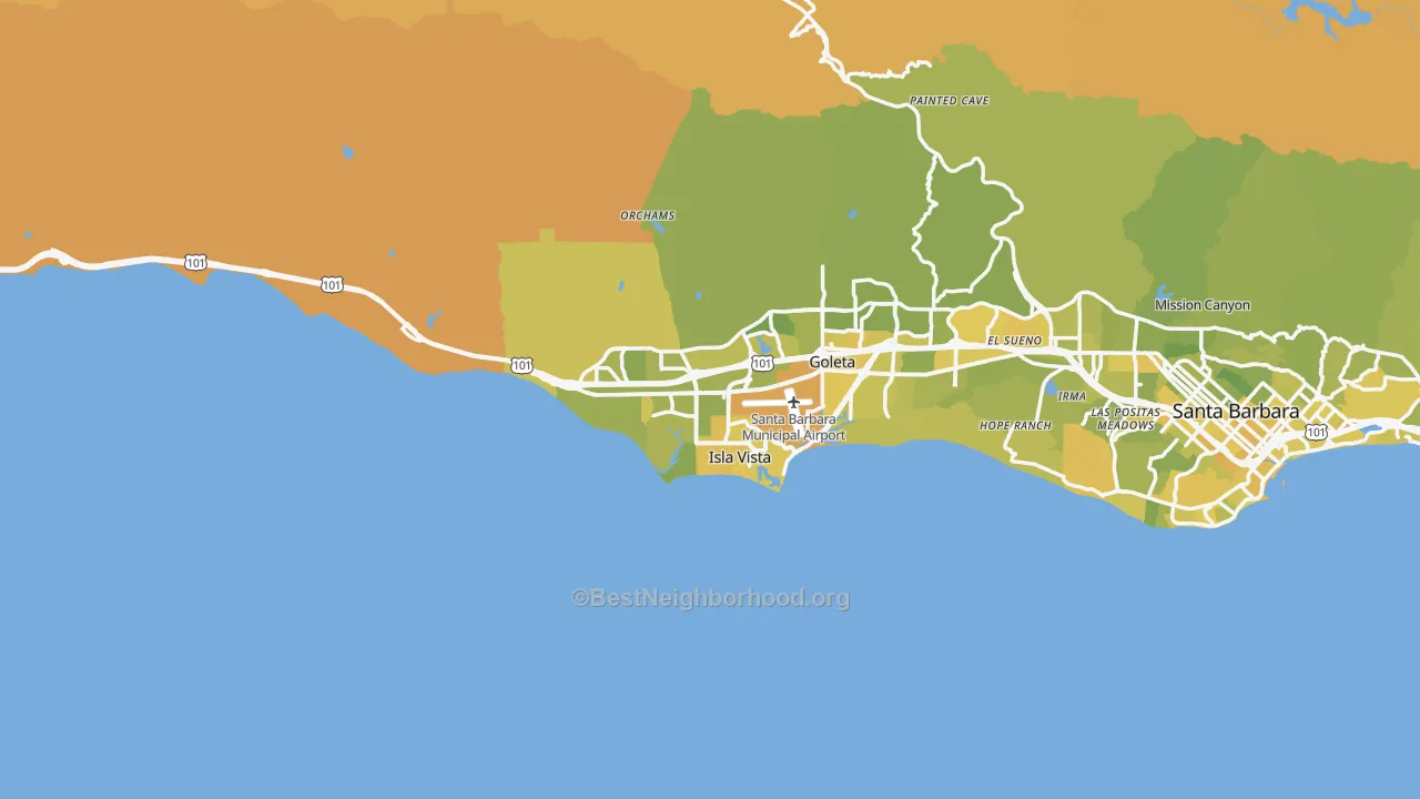 Map of the best neighborhoods in the 93117 area, with better matches in green and worse matches in red