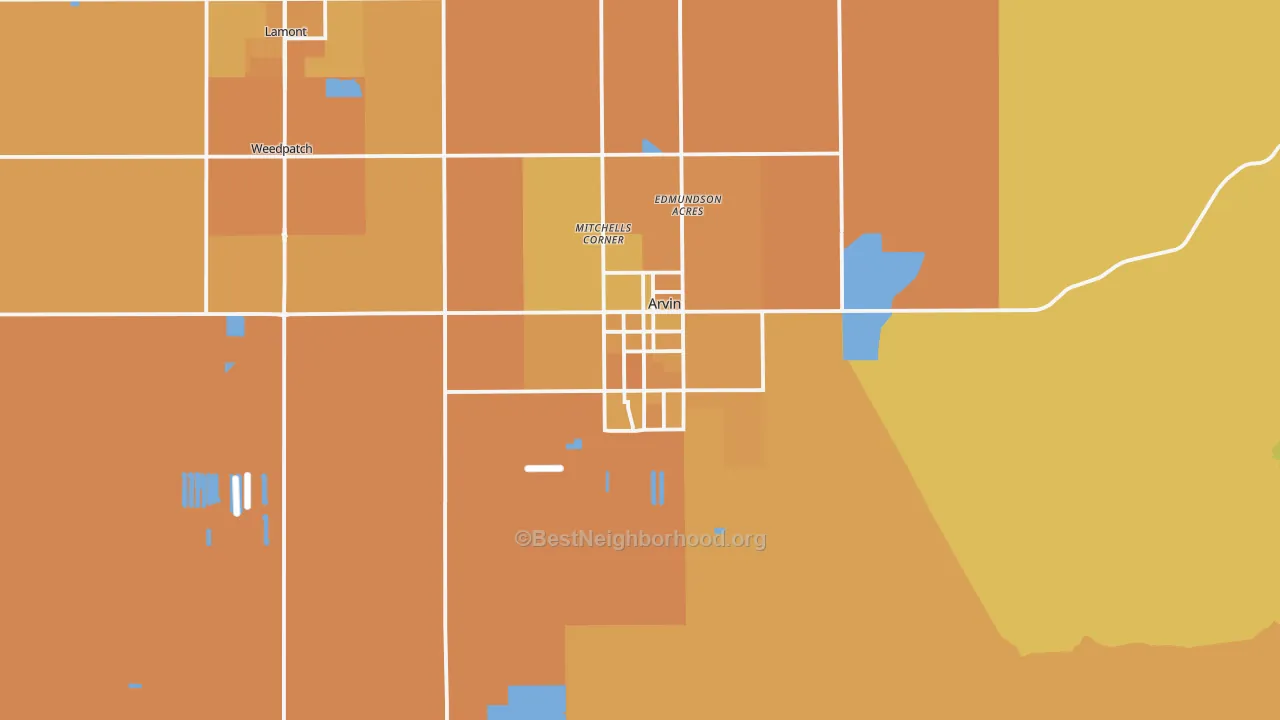 Map of the best neighborhoods in the 93203 area, with better matches in green and worse matches in red