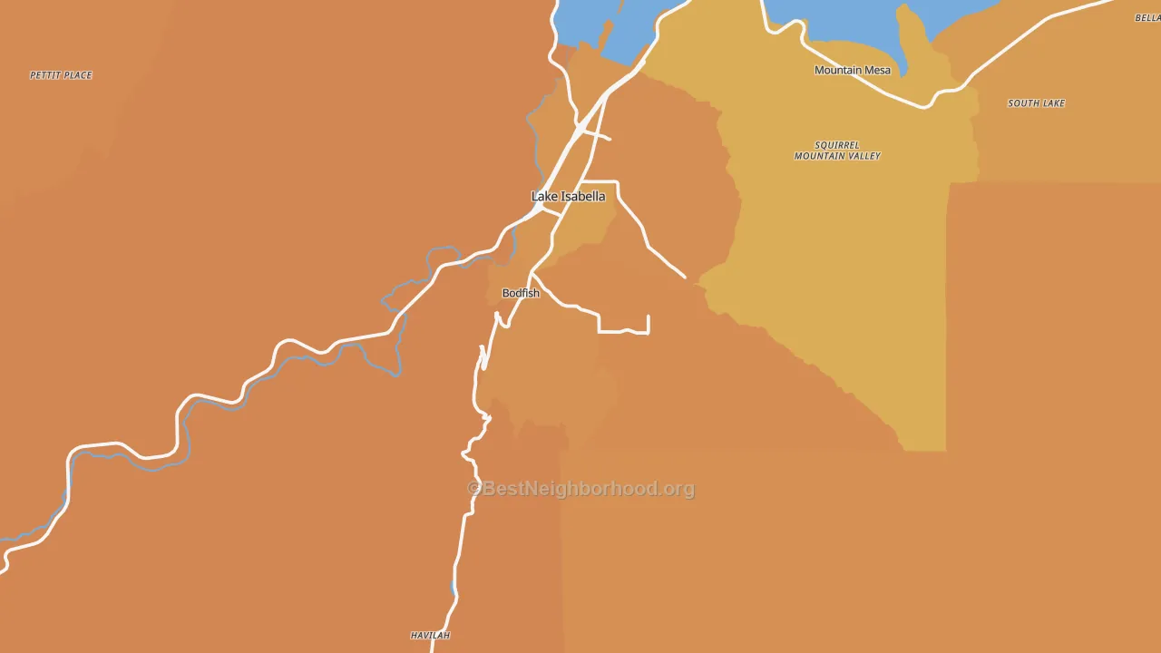 Map of the best neighborhoods in the 93205 area, with better matches in green and worse matches in red