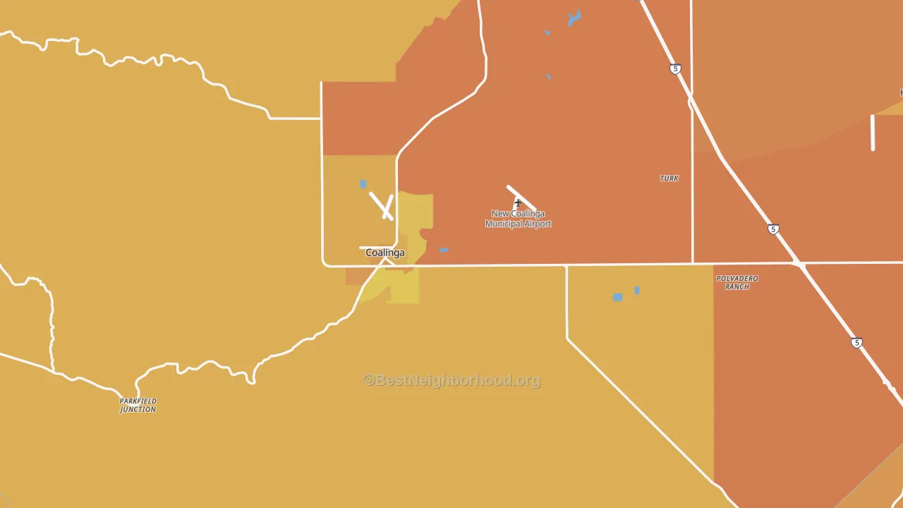 Map of the best neighborhoods in the 93210 area, with better matches in green and worse matches in red