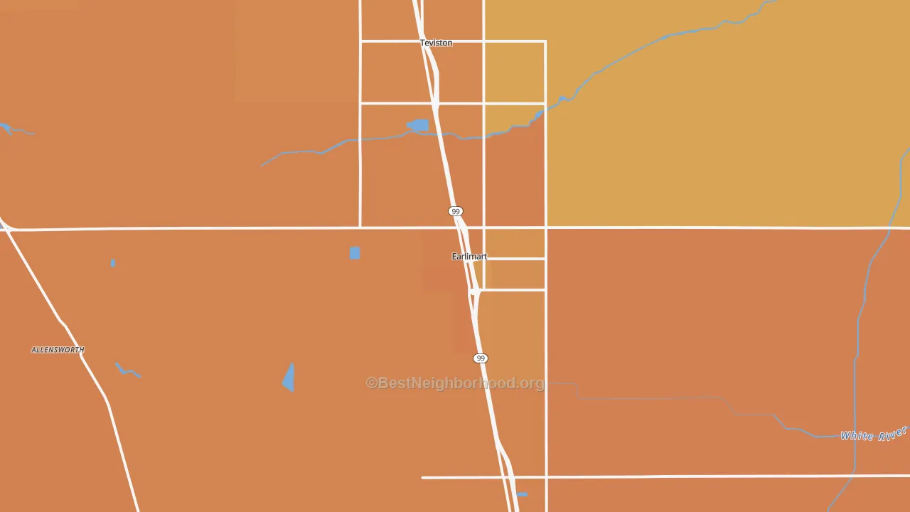 Map of the best neighborhoods in the 93219 area, with better matches in green and worse matches in red