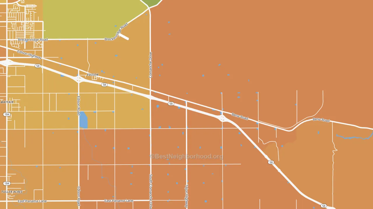 Map of the best neighborhoods in the 93220 area, with better matches in green and worse matches in red