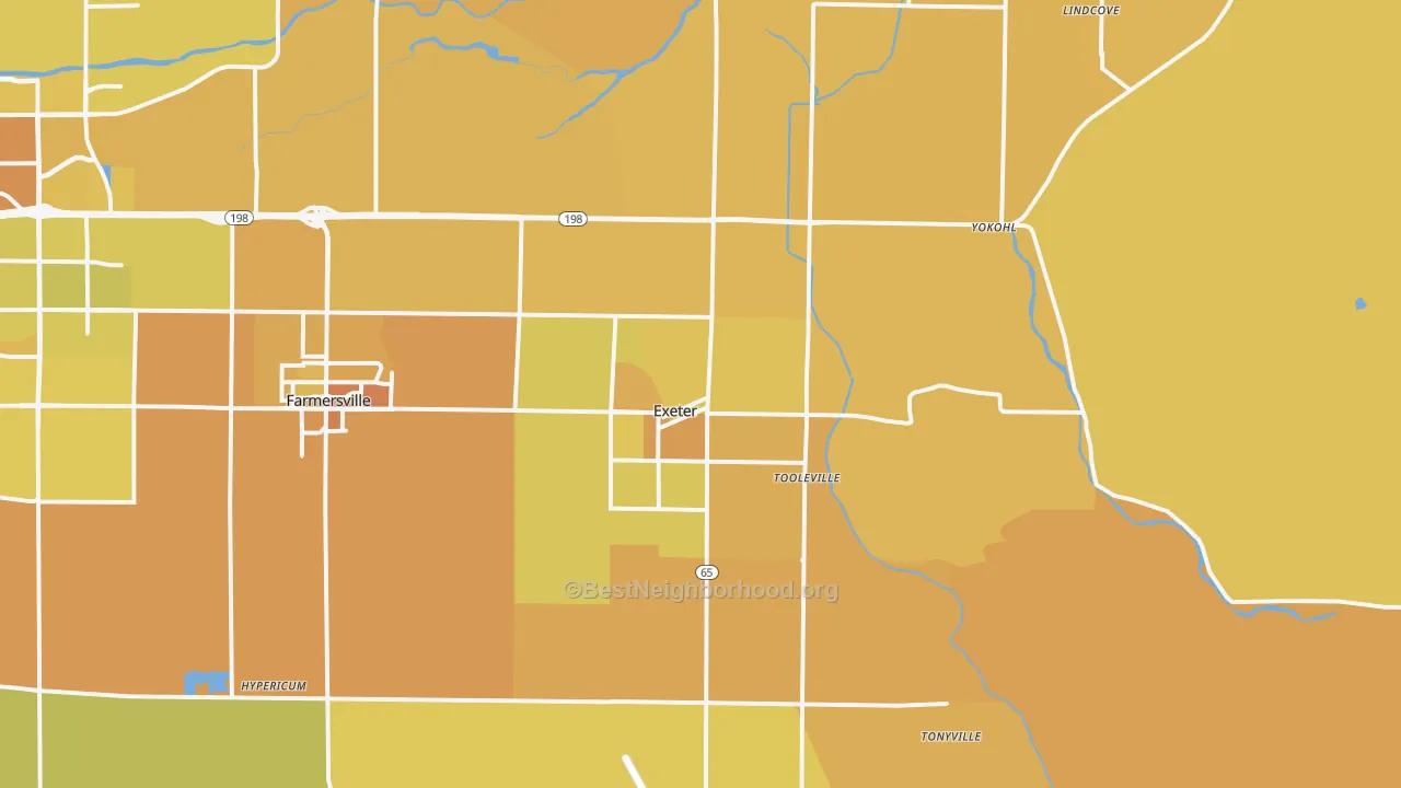 Map of the best neighborhoods in the 93221 area, with better matches in green and worse matches in red