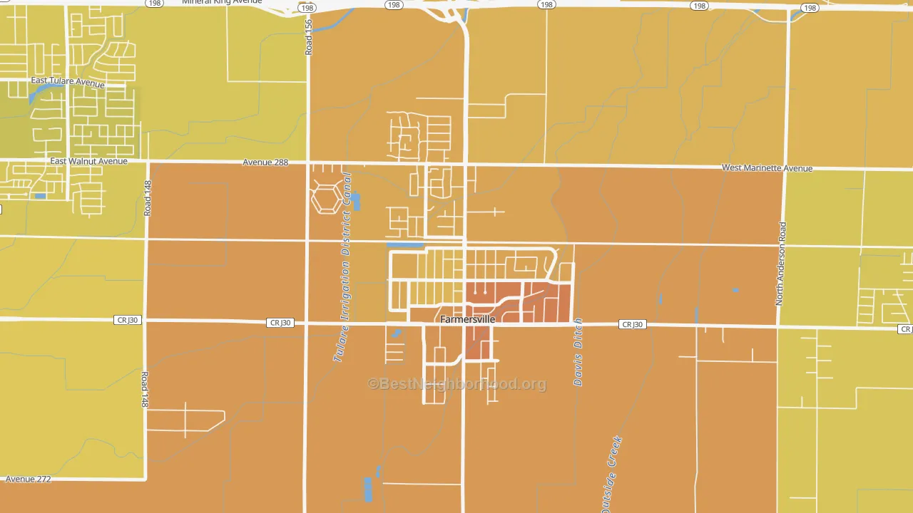 Map of the best neighborhoods in the 93223 area, with better matches in green and worse matches in red