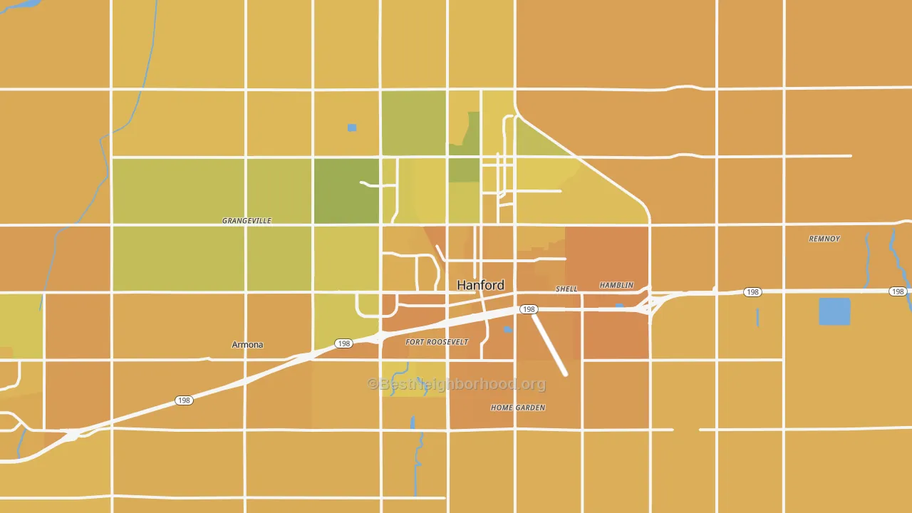 Map of the best neighborhoods in the 93230 area, with better matches in green and worse matches in red