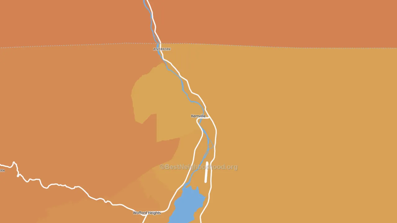 Map of the best neighborhoods in the 93238 area, with better matches in green and worse matches in red