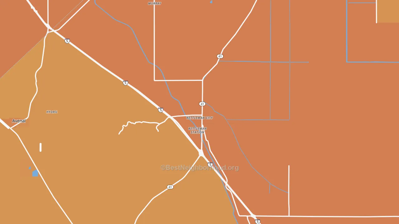 Map of the best neighborhoods in the 93239 area, with better matches in green and worse matches in red