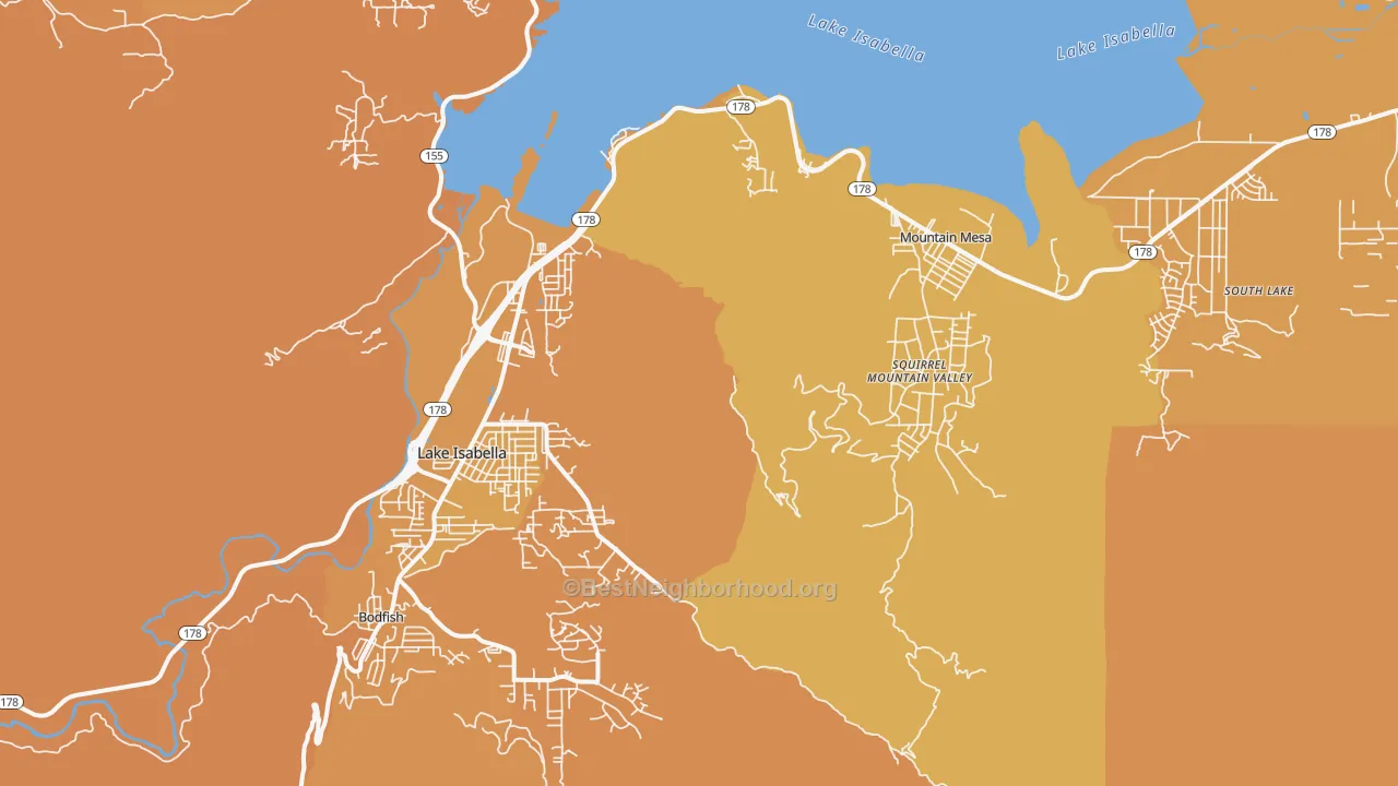 Map of the best neighborhoods in the 93240 area, with better matches in green and worse matches in red