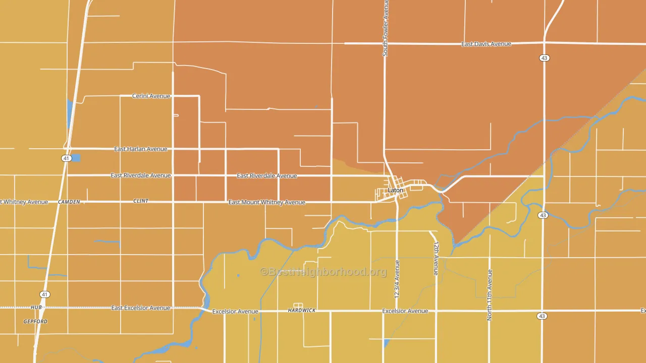 Map of the best neighborhoods in the 93242 area, with better matches in green and worse matches in red