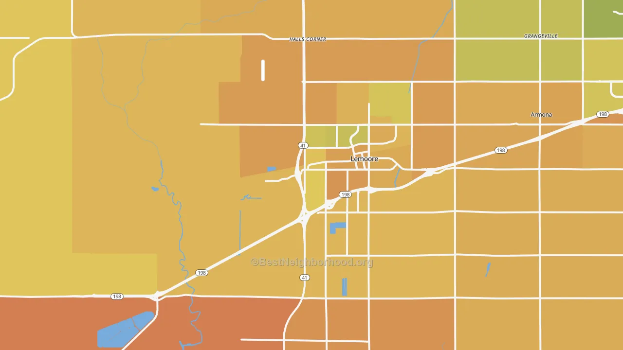 Map of the best neighborhoods in the 93245 area, with better matches in green and worse matches in red