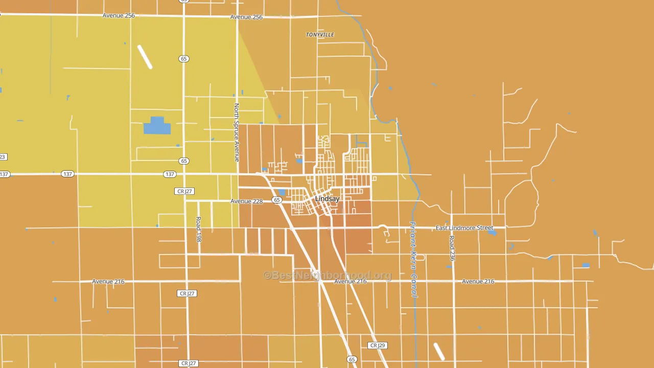 Map of the best neighborhoods in the 93247 area, with better matches in green and worse matches in red