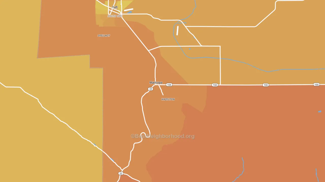 Map of the best neighborhoods in the 93252 area, with better matches in green and worse matches in red