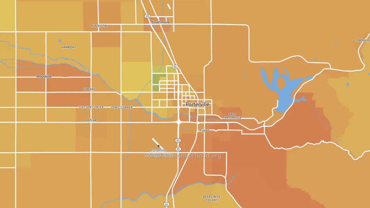 Map of the best neighborhoods in the 93257 area, with better matches in green and worse matches in red