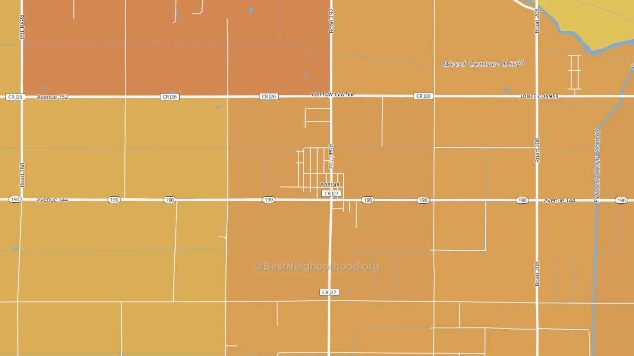 Map of the best neighborhoods in the 93258 area, with better matches in green and worse matches in red