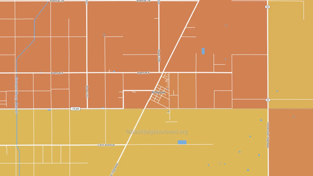 Map of the best neighborhoods in the 93261 area, with better matches in green and worse matches in red