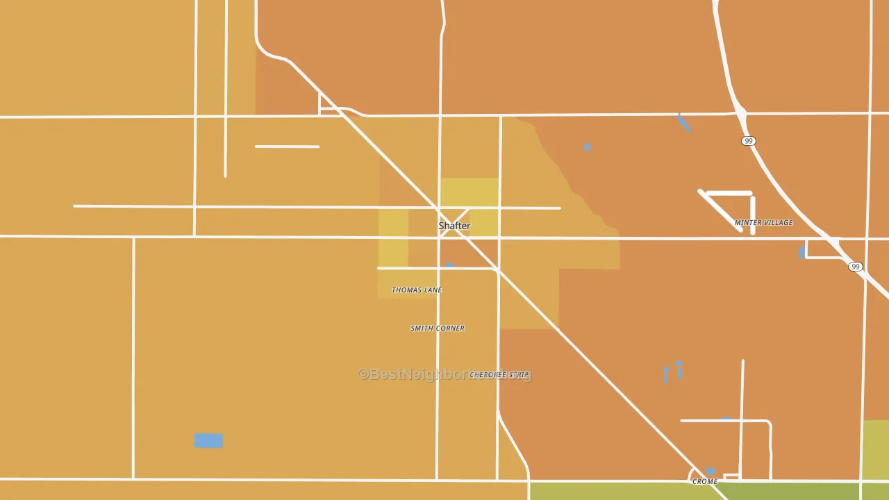 Map of the best neighborhoods in the 93263 area, with better matches in green and worse matches in red