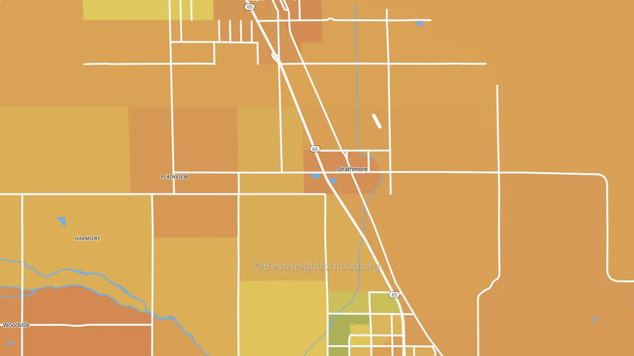 Map of the best neighborhoods in the 93267 area, with better matches in green and worse matches in red