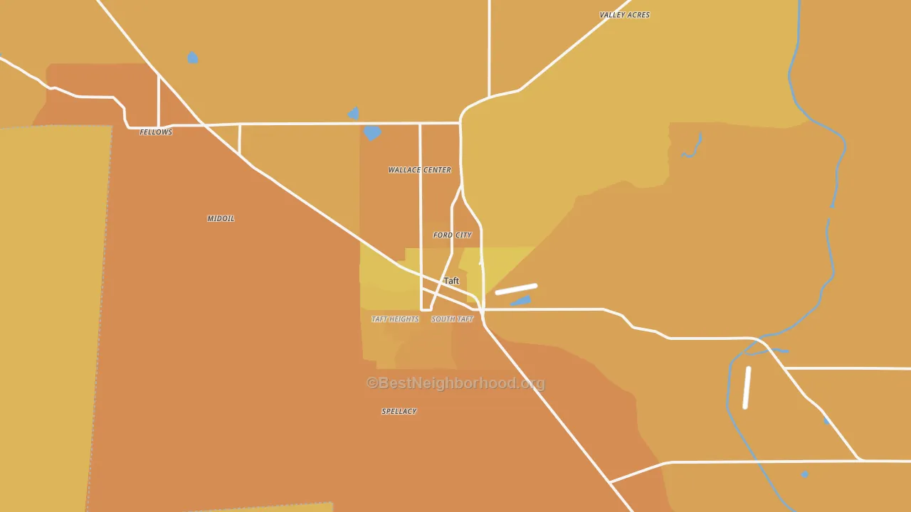 Map of the best neighborhoods in the 93268 area, with better matches in green and worse matches in red