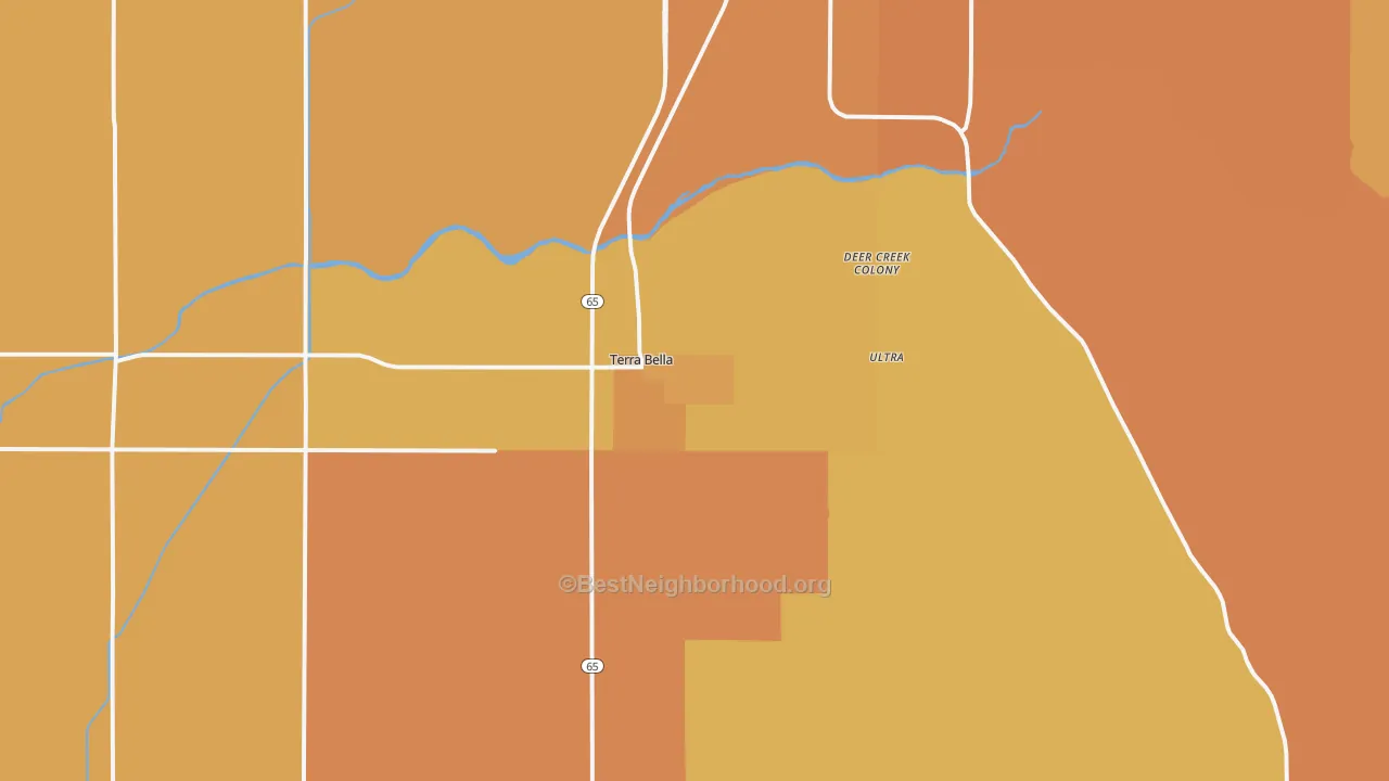 Map of the best neighborhoods in the 93270 area, with better matches in green and worse matches in red