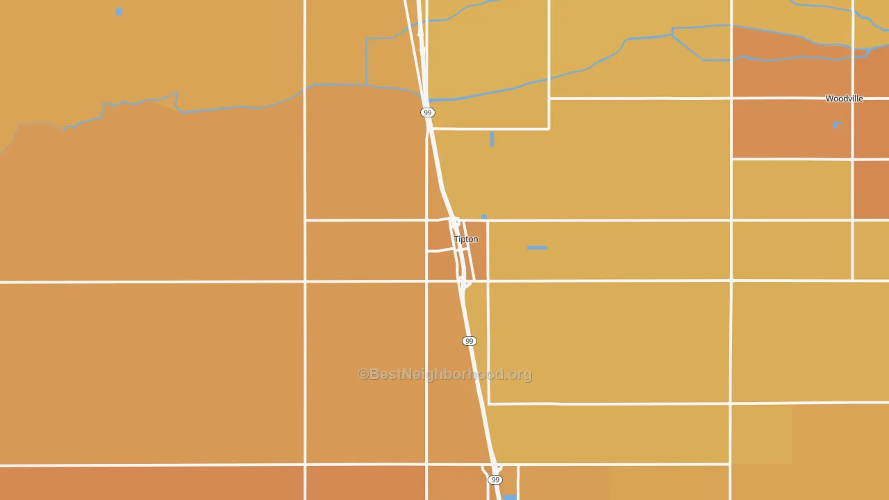 Map of the best neighborhoods in the 93272 area, with better matches in green and worse matches in red