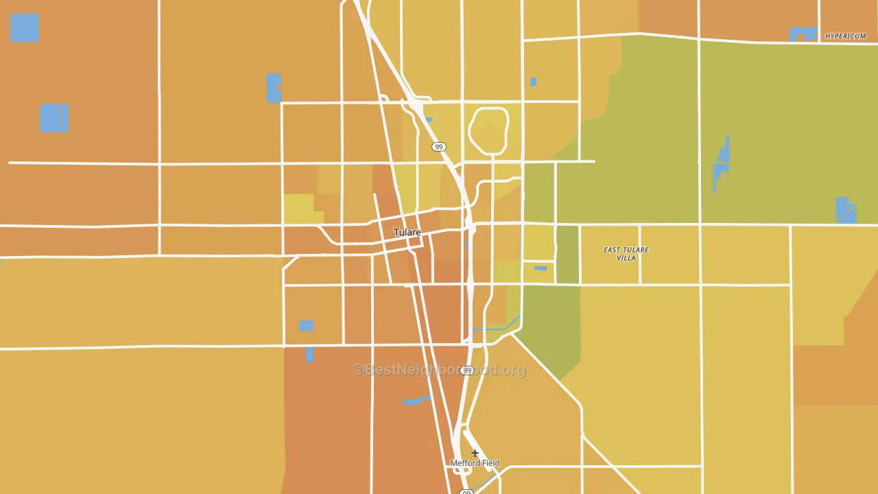 Map of the best neighborhoods in the 93274 area, with better matches in green and worse matches in red