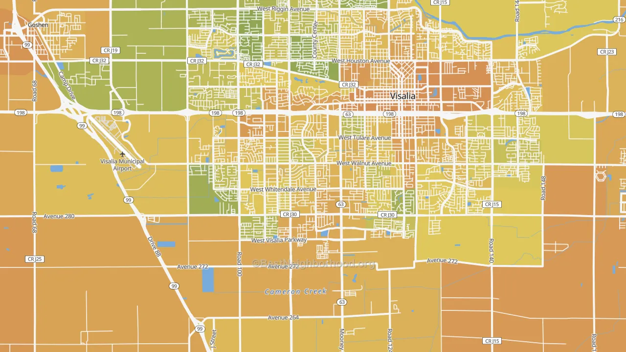 Map of the best neighborhoods in the 93277 area, with better matches in green and worse matches in red