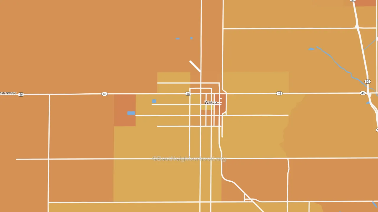 Map of the best neighborhoods in the 93280 area, with better matches in green and worse matches in red
