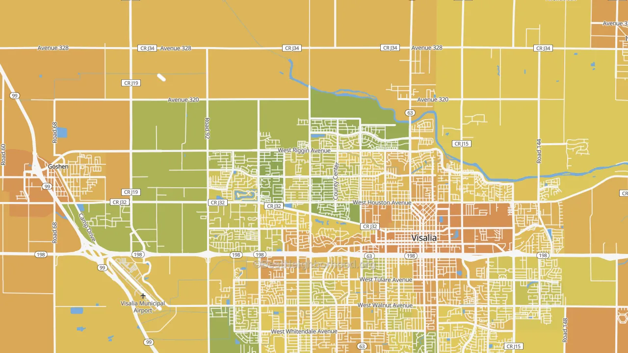 Map of the best neighborhoods in the 93291 area, with better matches in green and worse matches in red
