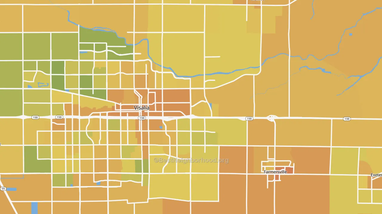 Map of the best neighborhoods in the 93292 area, with better matches in green and worse matches in red