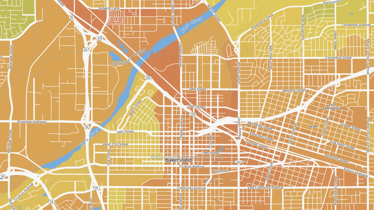 Map of the best neighborhoods in the 93301 area, with better matches in green and worse matches in red