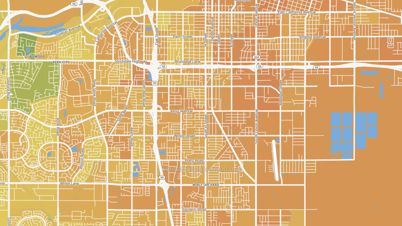 Map of the best neighborhoods in the 93304 area, with better matches in green and worse matches in red
